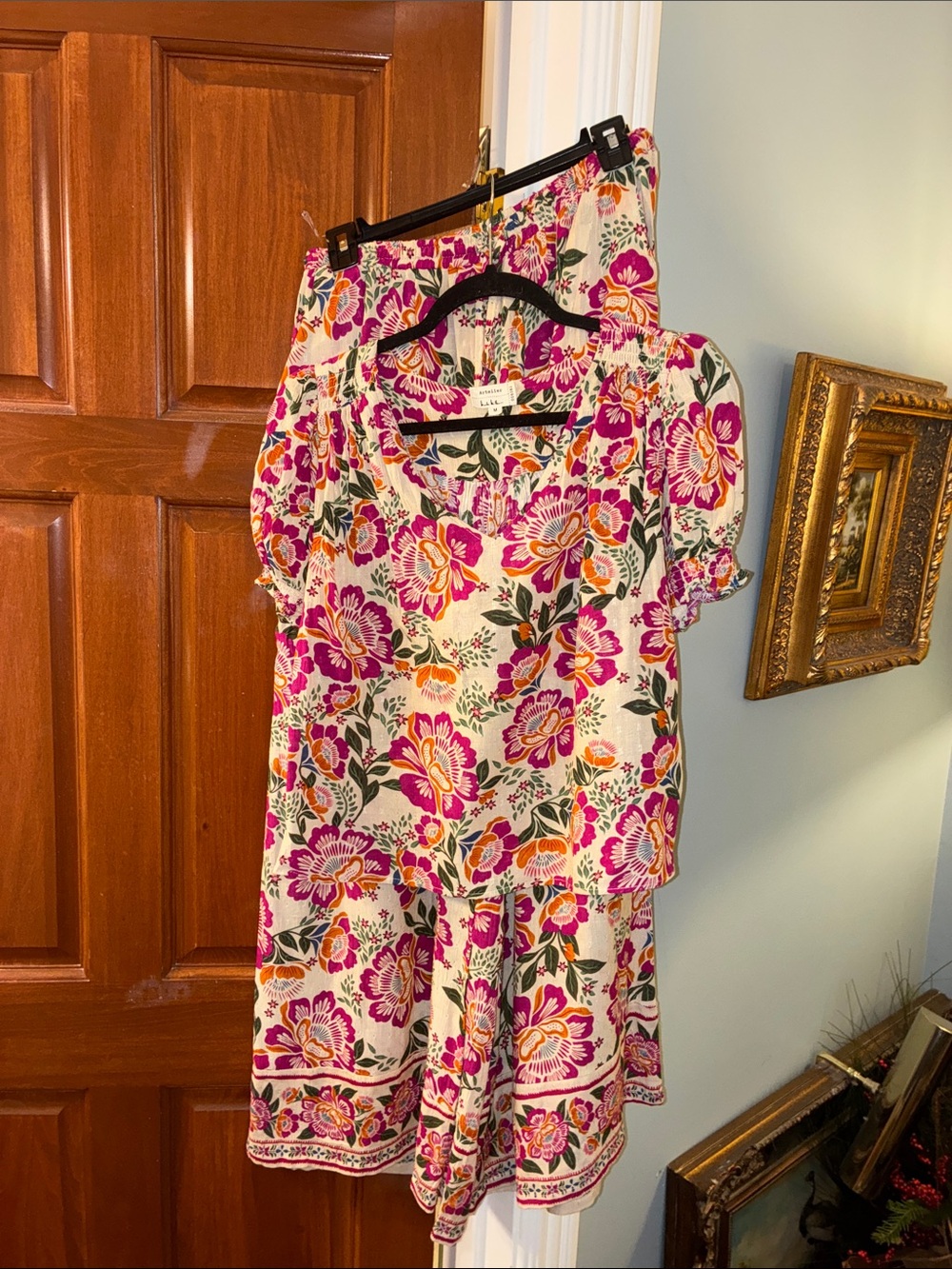 Floral Cotton Blend wide leg PANTS and TOP in Pink & Orange (2 pieces)